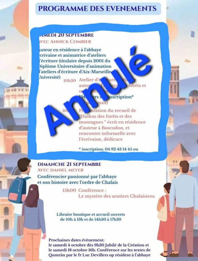🗣 CHANGEMENT PROGRAMME Journées Européennes du Patrimoine :
❌ L'atelier d'écriture ainsi que la séance de dédicace avec Annick Combier, prévues samedi 20 septembre, sont annulés.

🔹 NOUVELLE PROGRAMMATION :
Samedi 20 septembre, à 16h, venez rencontrer Christoph BARON, artiste en résidence à l'Abbaye.
Il vous présentera son roman policier SILVER ROSE et sa bande dessinée LA VIE SAUVAGE DES ANIMALS.