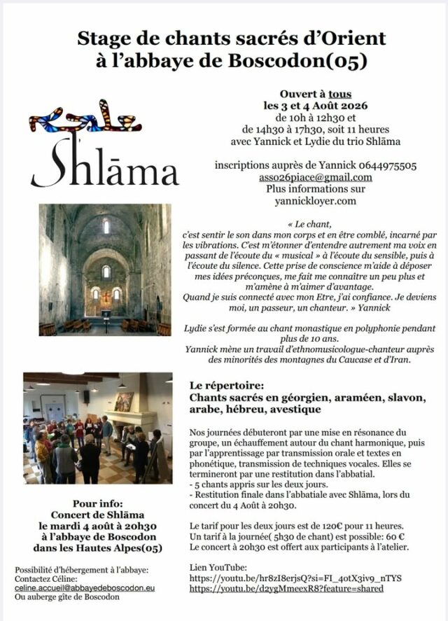 STAGE de CHANTS 🎶

📆  3 et 4 août 2026
🕙 10h-12h30 et 14h30-17h30
📍   abbaye de Boscodon 
🔹  ouvert à tous

Toutes les infos ci-dessous :