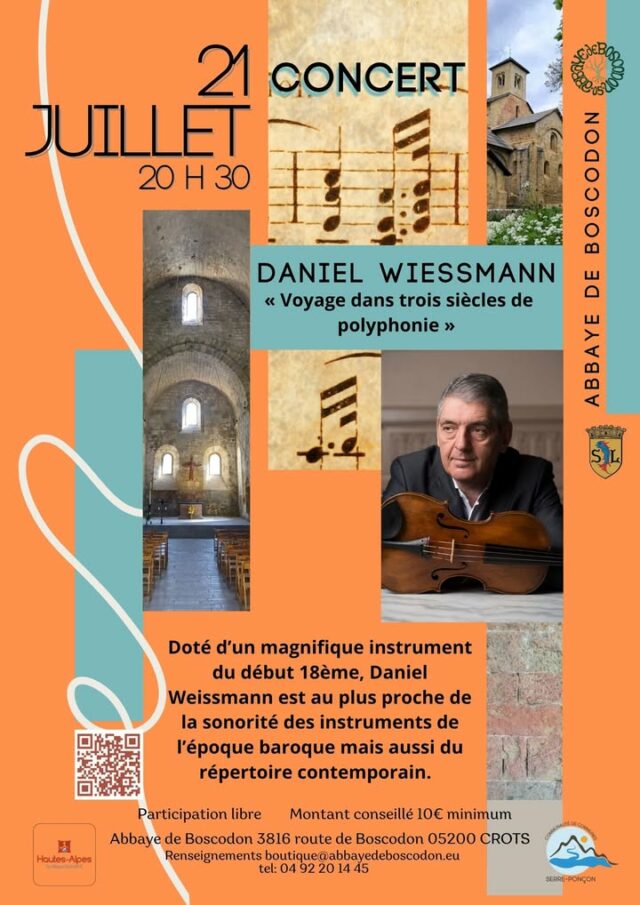 🎶 CONCERT 🎶
Daniel Weissmann a été particulièrement touché par la beauté de l’abbaye de Boscodon et l’acoustique exceptionnelle de son abbatiale, qui résonne en parfaite harmonie avec son instrument (début du XVIIIe siècle).

🎻 Venez découvrir des oeuvres virtuoses et méditatives de Gabrielli jusqu’à Kurtag dans une grande variété de couleurs et de polyphonie. 
Répertoire :
- Giovanni Gabrieli (1651-1690).
- J.S.Bach (1685-1750).
- György Ligeti (1923-2006).
- György Kurtag (1926-…).
- J.S.Bach (1685-1750).

Durée totale : environ 60 minutes (les oeuvres sont brièvement commentées avant exécution).

📆Mardi 21 juillet.
🕣 20h30.
📍 abbatiale - abbaye de Boscodon.
🪙 participation libre.