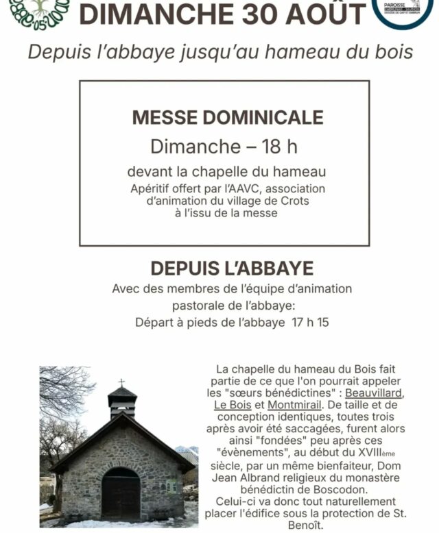 [MESSE] 🙏 Changement de lieu :

🗓 dimanche 30 août 
🕕 18h
📍 église hameau du Bois 

🚶🚶‍♀️ Possibilité d'y aller à pied au départ de l'Abbaye de Boscodon. Départ à 17h15.

@boscodonabbaye05 #abbayedeboscodon #serreponcon #embrun #crots #hautesalpes