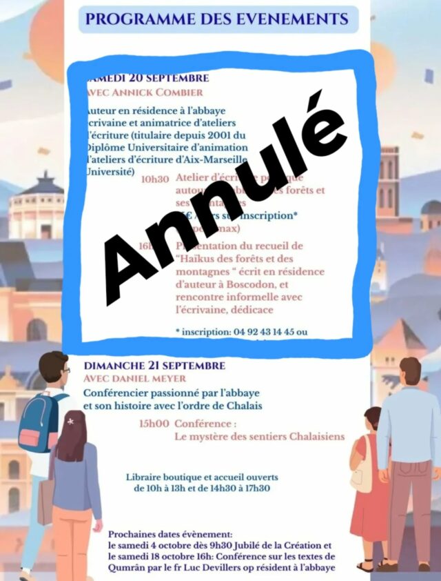 ‼️ Info de dernière minute !

❌️ L'atelier d'écriture et la séance de dédicace menés par Annick Combier sont annulés.

NOUVELLE PROGRAMMATION 
📆  Samedi 20 septembre 
🕔  16h00
🗣  L'artiste Christophe Baron ( @christoffbaron ), en résidence à l' #abbayedeboscodon,  proposera une présentation de son roman policier SILVER ROSE et de sa bd LA VIE SAUVAGE DES ANIMALS.

#crots #embrun #embrunais #embruntourisme #serreponcon #boscodon #hautesalpes #hautesalpes05 #hautesalpestourisme #patrimoine #patrimoinefrancais #abbaye #abbayeromane #architectureromane #monumenthistorique #journeesdupatrimoine #journeeseuropeennesdupatrimoine #jep